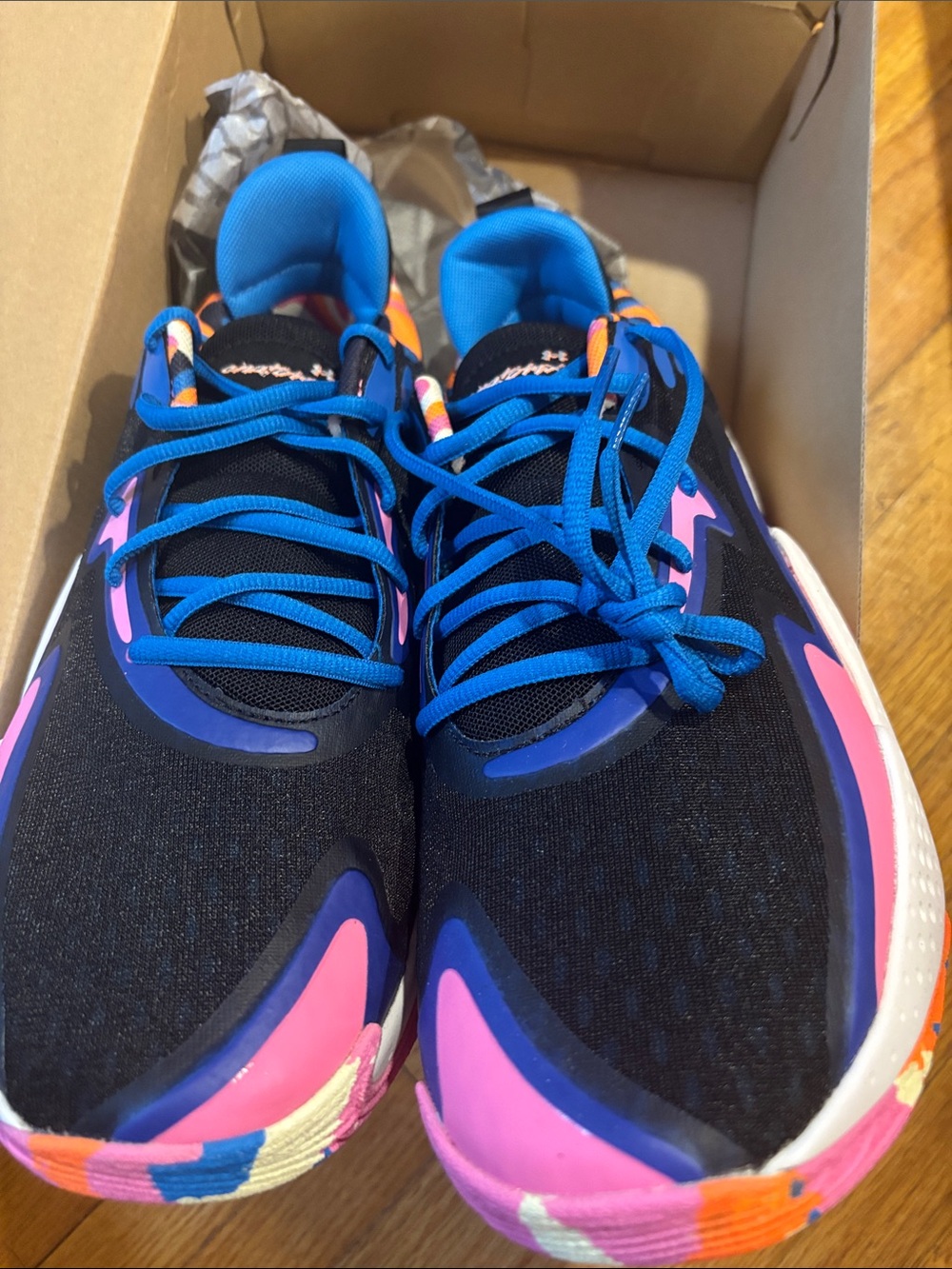 Under Armour Spawn Black Athletic Shoes with Blue and Pink Accents